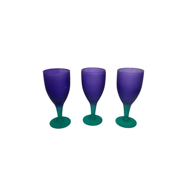 Wine Water Goblet Frosted Purple Green Hand Blown Glass Stemware Set Of 3 Mexico - Picture 9 of 14